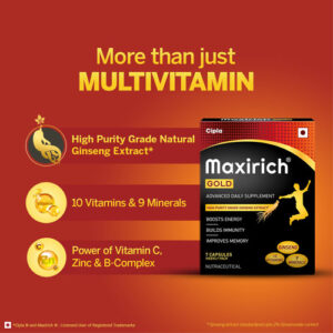 Multi-Vitamin / Mineral Capsules W/Ginseng 7's (1WK-PK) – CIPLA MAXIRICH Gold Strips (DISPL-PK4)